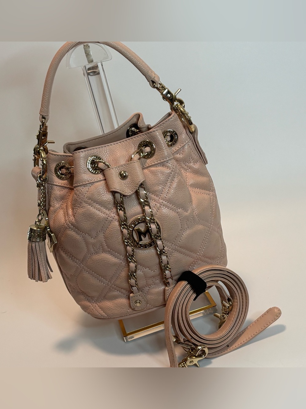 METROCITY ($449) Small Bucket Bag in Baby Pink Quilted Grained Leather AUTHENTIC